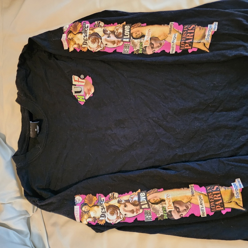 HUF Black and Pink Long Sleeve Tee with Vibrant Sleeves